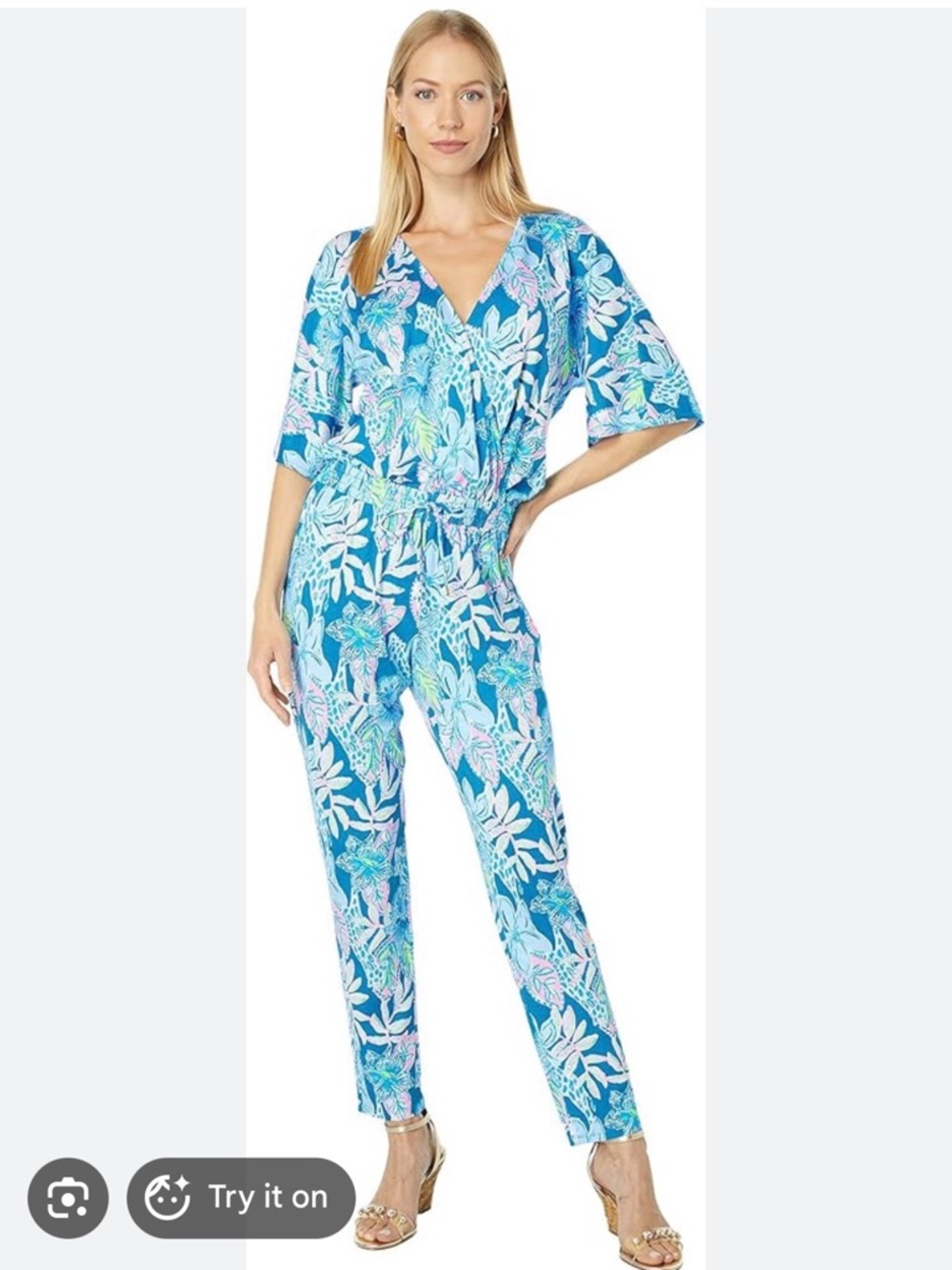 Lilly Pulitzer Blue Floral V-Neck Jumpsuit